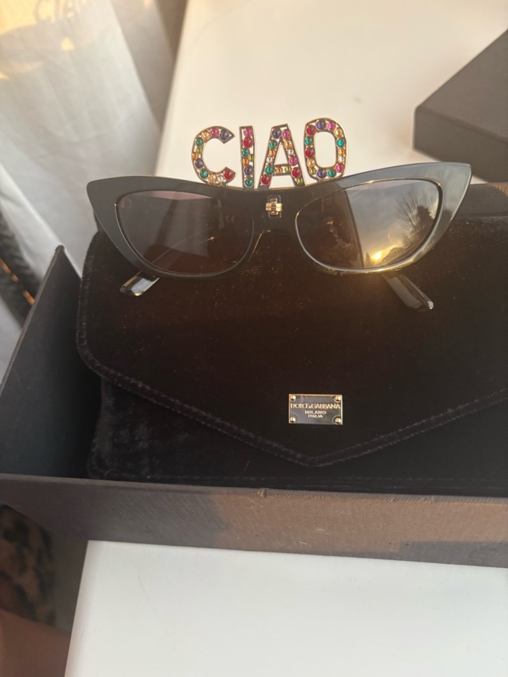 Dolce & Gabbana Black Cat-Eye Sunglasses with Multicolor 'CIAO' ‘DG’ Accents